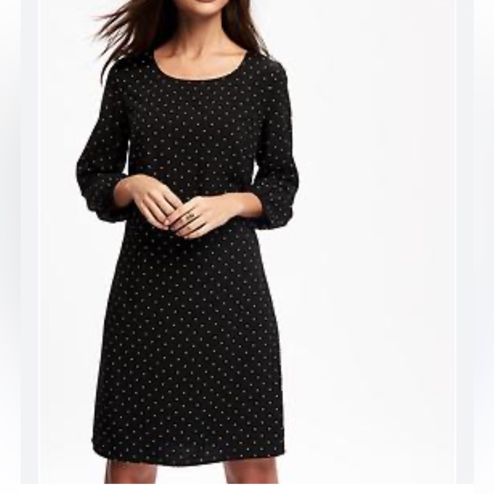 Old Navy Women’s Black/White Polka Dot Crew Neck Back Zip 3/4 Sleeve Shift Dress